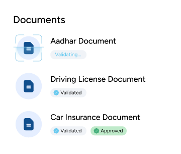 Toolyt document collection and validation status for Aadhaar, driving licence and insurance